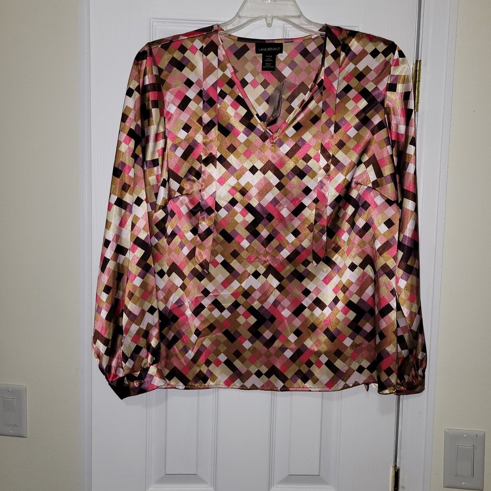 Lane Bryant 14/16 Blouse Satin Metallic Pink Black Tie Longsleeve Pixellated
